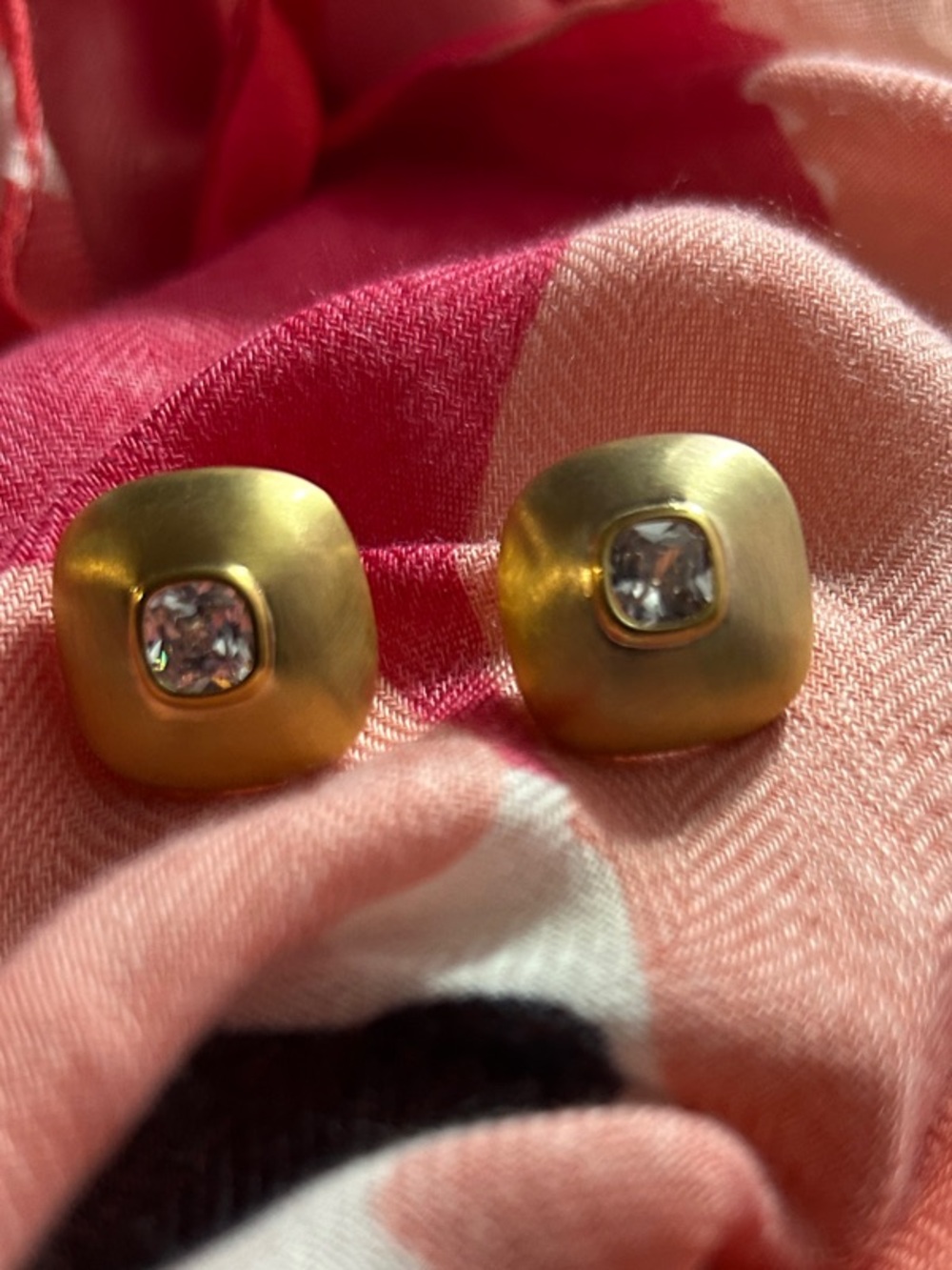 Brushed 18k Gold Plated with CZ Center Stud Earrings NEW